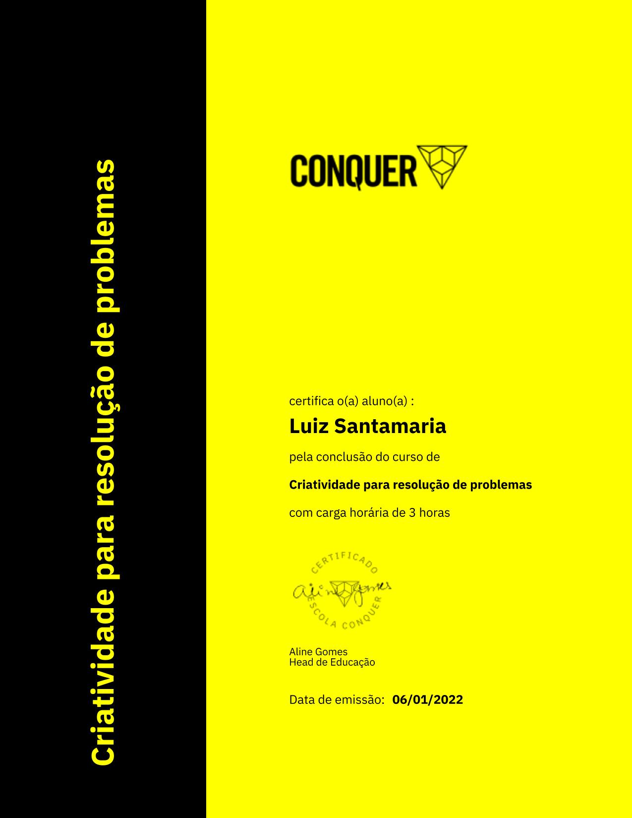 Certificado de Criatividade para resolução de problemas